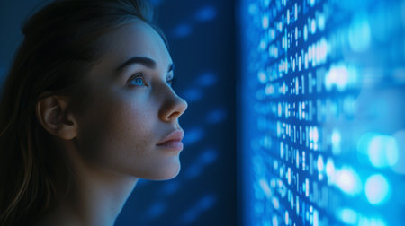 Portrait of a young woman looking at the screen with binary codeの素材
