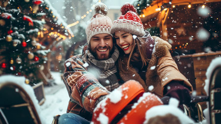 Beautiful young couple having fun on Christmas market. Winter holidays, love and happiness concept.の素材