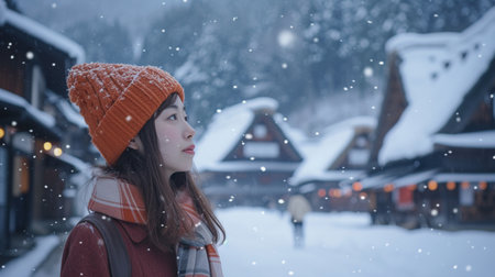 Young asian woman enjoy snowfall in Shirakawa-go, Japanの素材