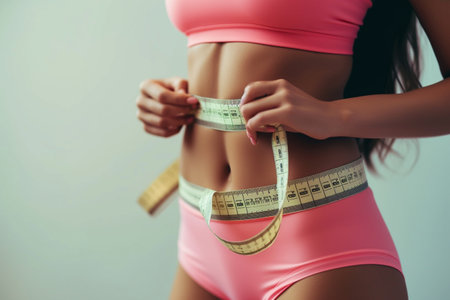 Cropped shot of slim young woman measuring her waist with measuring tapeの素材