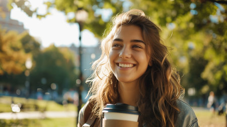 smiling young woman holding paper cup of coffee and looking away in parkの素材