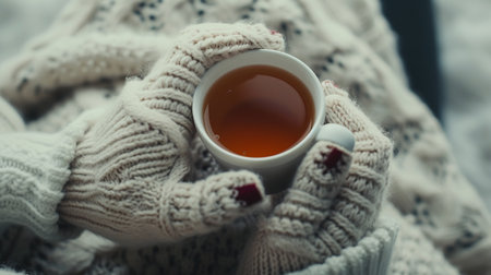 Cup of tea in female hands with warm knitted scarf, closeupの素材