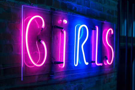 Neon sign on brick wall in night club. nightclubの素材