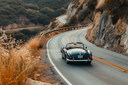 View of a classic american car driving on a mountain road.の素材