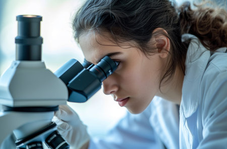 Close-up of young female scientist looking through microscope in laboratory. Science and technology conceptの素材