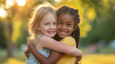 Portrait of two little girls hugging in the park at sunset.の素材
