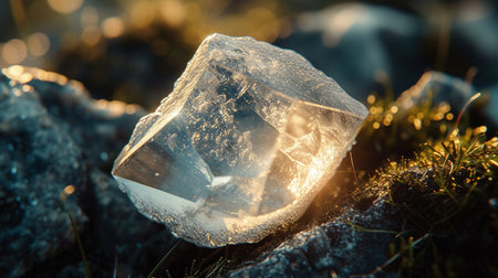 Ice cube on the ground at sunset. Beautiful natural background. Close upの素材