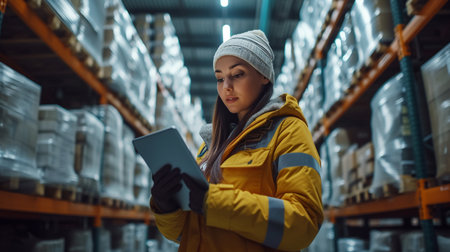 Young female warehouse worker using digital tablet in warehouse. This is a freight transportation and distribution warehouse. Industrial and industrial workers conceptの素材