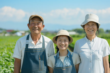 Happy asian family standing in soybean field with blue sky backgroundの素材