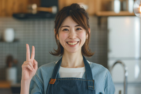 Beautiful young asian woman smiling and showing victory sign in the kitchenの素材