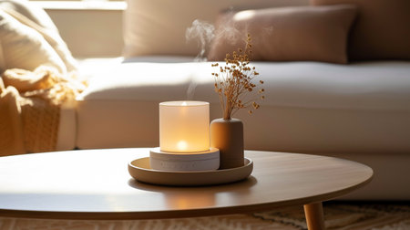 Burning candle on table in living room, closeup. interior designの素材