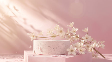 Cherry blossom and marble podium on pastel pink background.の素材