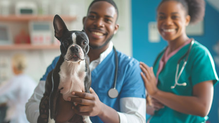 Portrait of happy african american veterinarian with dog at vet clinicの素材