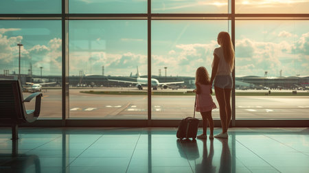 Silhouette of mother and daughter at the airport. Traveling with children conceptの素材