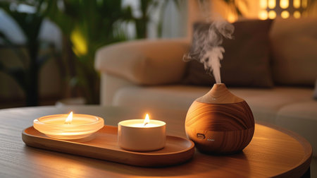 Burning candles on table in room, closeup. Space for textの素材