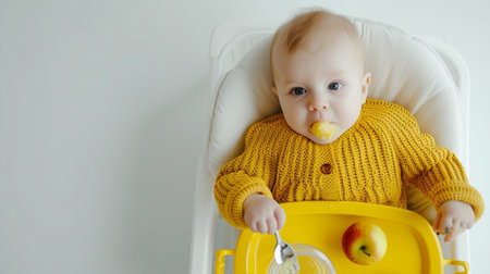 Cute baby girl sitting in high chair and eating apple. Healthy food conceptの素材