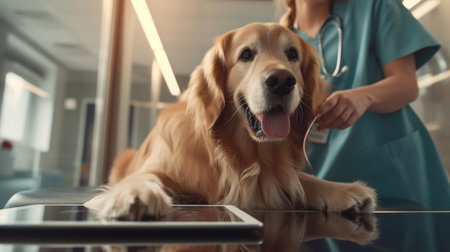 Veterinarian examining golden retriever dog in clinic, closeupの素材