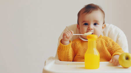 Cute baby girl sitting in highchair and eating with spoon.の素材