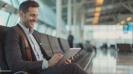 Handsome businessman using tablet in airport terminal. Young businessman using tablet in airport.の素材