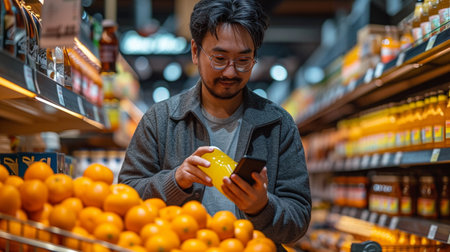 Asian man buying orange juice in the supermarket, he is using a smartphone.の素材