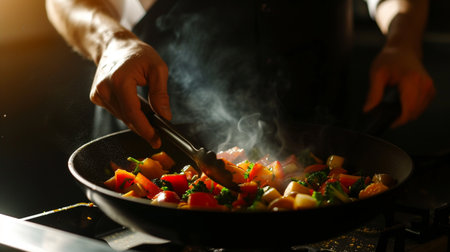 Chef cooking vegetable stir fry in pan at restaurant kitchen, closeupの素材
