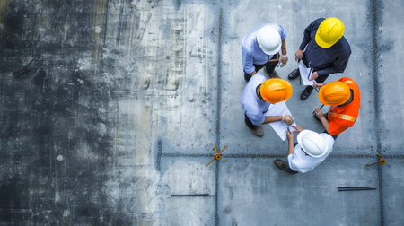 High angle view of engineers and architects working together on the construction siteの素材