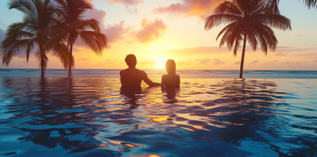 Silhouette of man and woman holding hands in swimming pool with palm trees at sunsetの素材