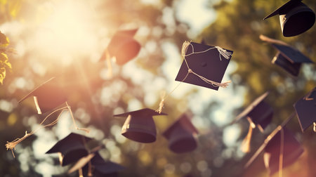 Graduation caps hanging in the air at school. Education concept.の素材