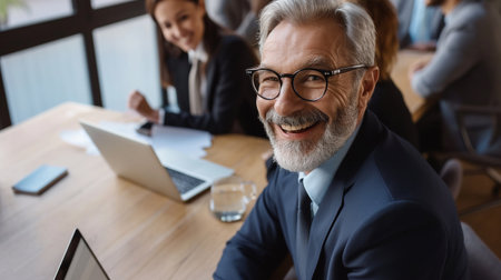 Smiling mature businessman in eyeglasses looking at camera while working with colleagues in officeの素材