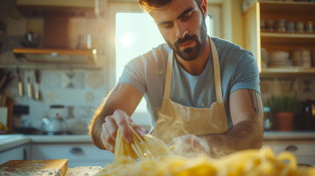 Man preparing cake in the kitchen at home. Man in apron cooking pastry.の素材