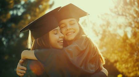 Two happy girls students in academic hats and gowns hugging each other.の素材