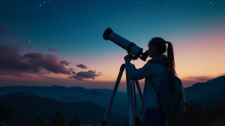 Young woman looks through a telescope at the starry sky over the mountainsの素材