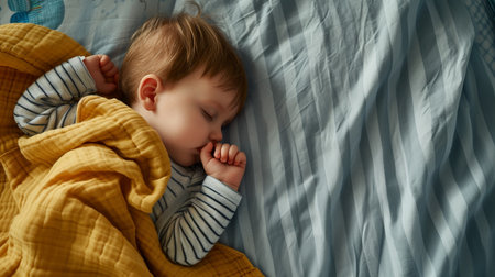 Cute baby boy sleeping in bed at home, top view.の素材