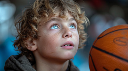 Young boy with curly hair and blue eyes playing basketball on playground.の素材
