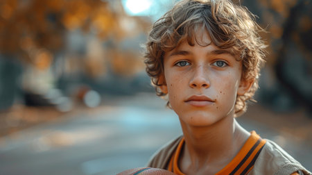 Portrait of a boy with freckles on his face looking at the camera.の素材
