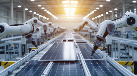 3d rendering robotic arms working on solar panel assembly line in factoryの素材