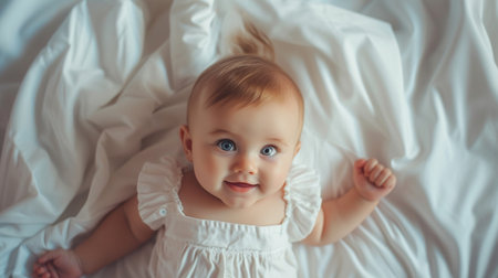 Cute baby girl lying on bed at home and looking at cameraの素材