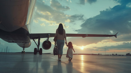 Mother and daughter travel by plane at the airport with sunset sky background.の素材