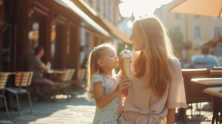 Mother and daughter eating ice cream in a cafe on a summer dayの素材