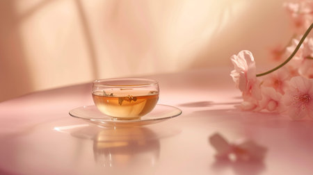 Cup of tea with pink cherry blossoms on a white tableの素材