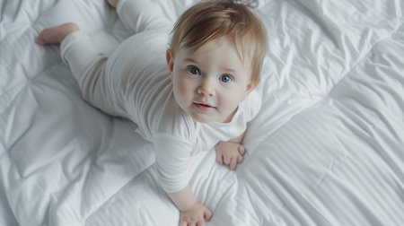Cute baby boy lying on bed and looking at camera, top viewの素材