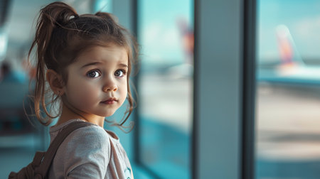 portrait of cute little girl looking at camera while standing in airportの素材