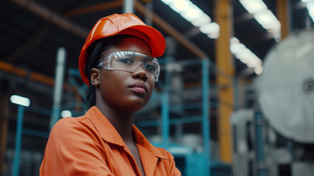 Portrait of serious african american female worker in orange uniform and safety glasses in warehouse. This is a freight transportation and distribution warehouse. Industrial and industrial workers conceptの素材