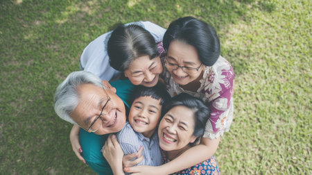 Top view of asian family sitting on green grass in the parkの素材