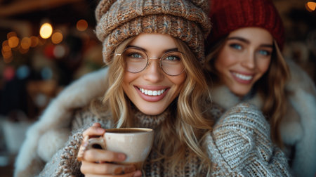 Beautiful young women in warm sweaters and hats with cup of coffee in cafeの素材