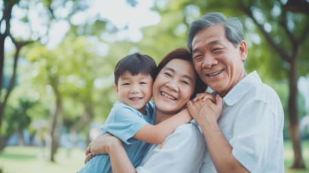Asian grandfather and grandson hugging in the park. Happy family concept.の素材