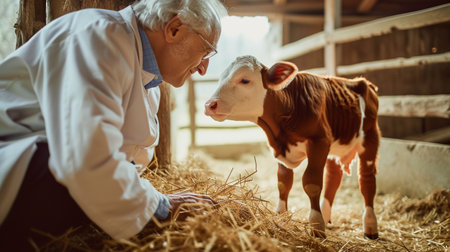 Veterinarian examining a calf in a stable condition. Animal care concept.の素材