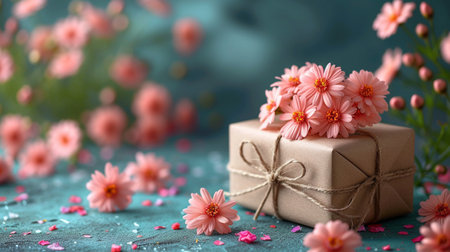Gift box with pink flowers on a blue background. Place for text.の素材