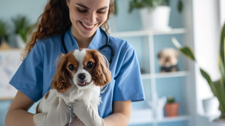 cropped view of veterinarian in latex gloves holding dog in vet clinicの素材