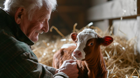 Portrait of an elderly man with a calf in the barn.の素材
